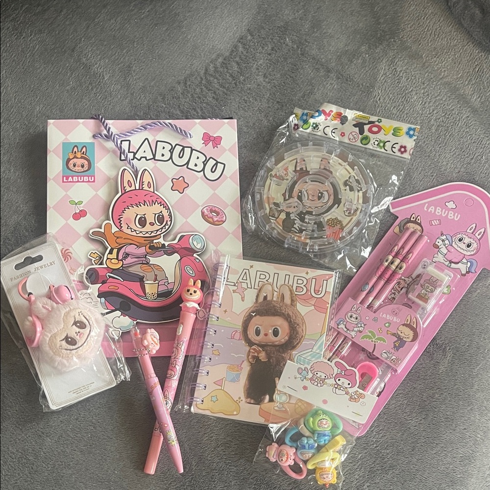 Pink Labubu Kids gift pack Key Ring notebook light up pen hair ties and more nwt
